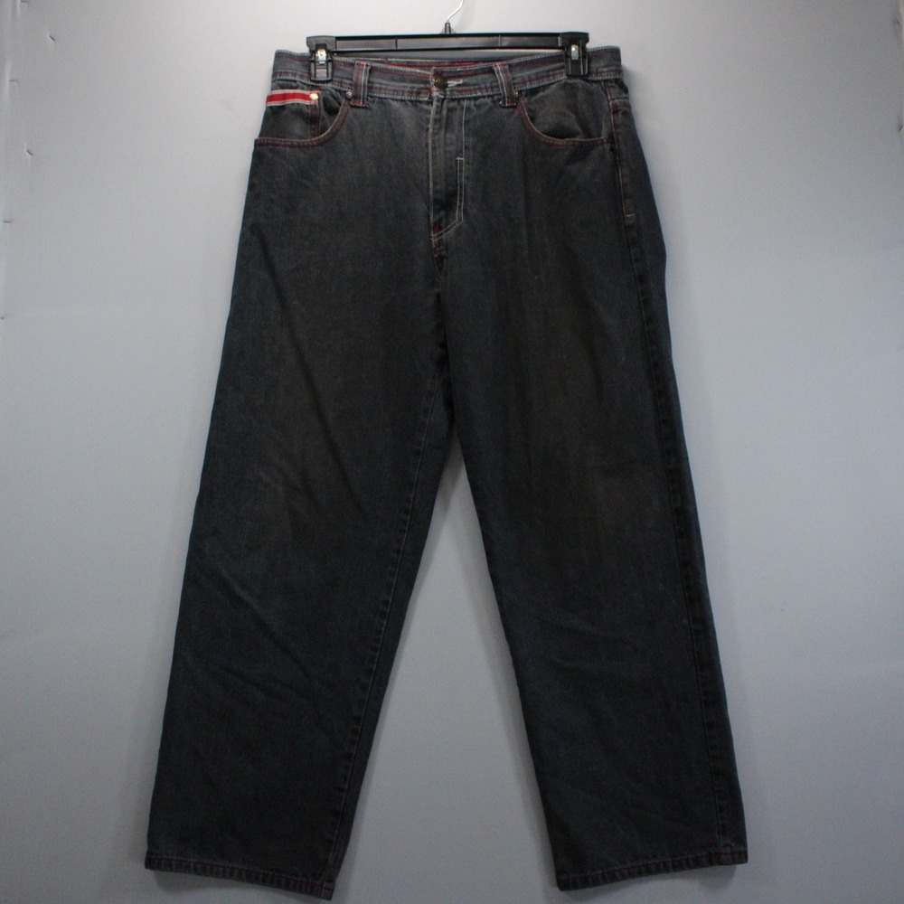 Jinzu Mens Jeans Black Denim Red Trim Wide Leg Skater Streetwear 36x32 Baggy